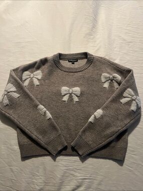 Harper Gray Crewneck Sweater with Cream Bow Accents